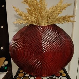 Elegant Red Textured Vase with Dried Pampas